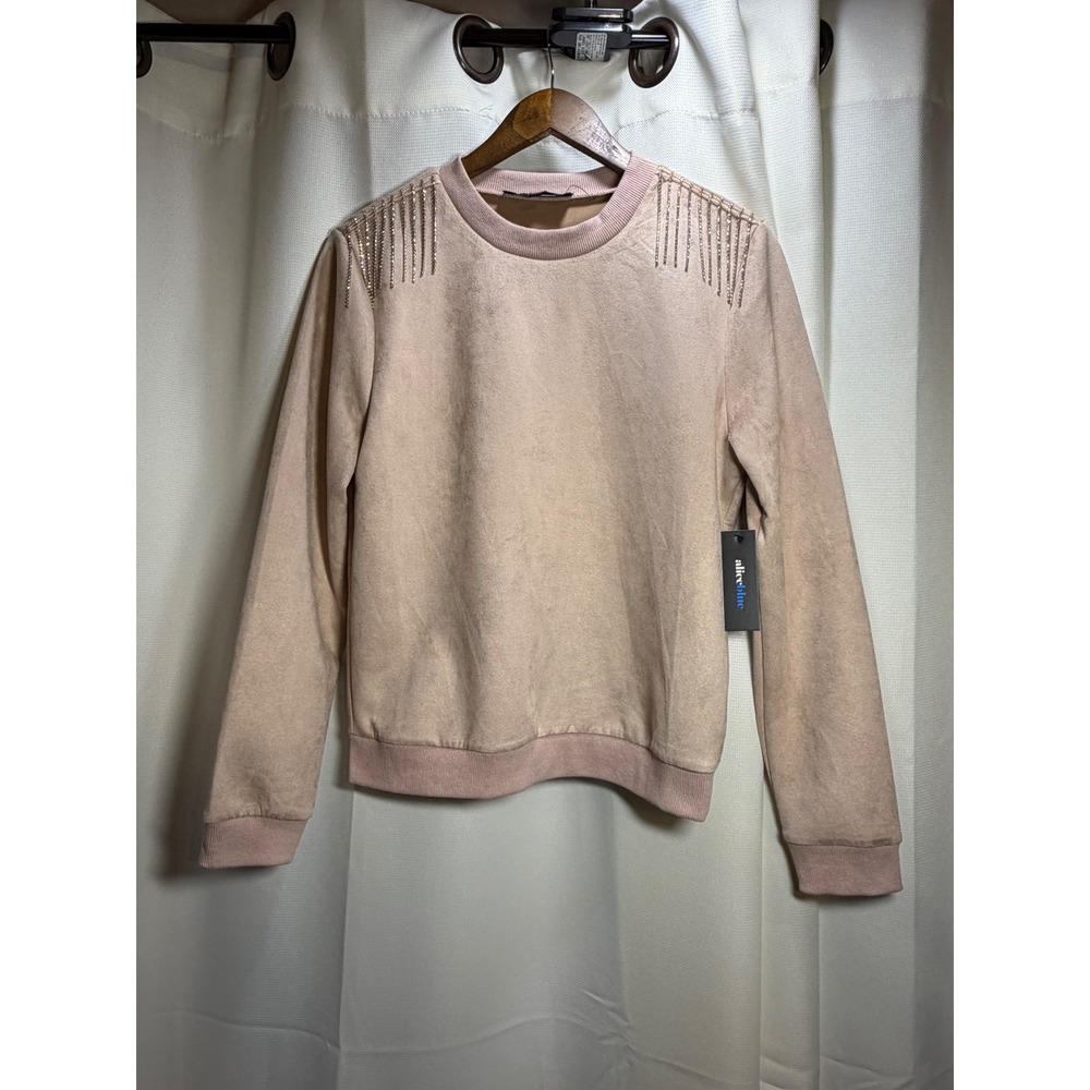 Alice Blue Faux Suede Rhinestone Fringe Sweatshirt Blush Pink Womens Size Medium